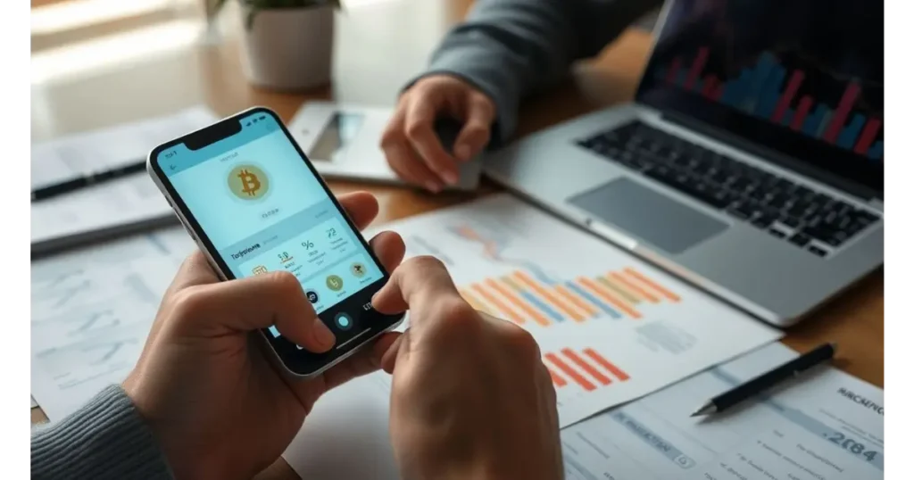Person trading cryptocurrency on a smartphone in an office.