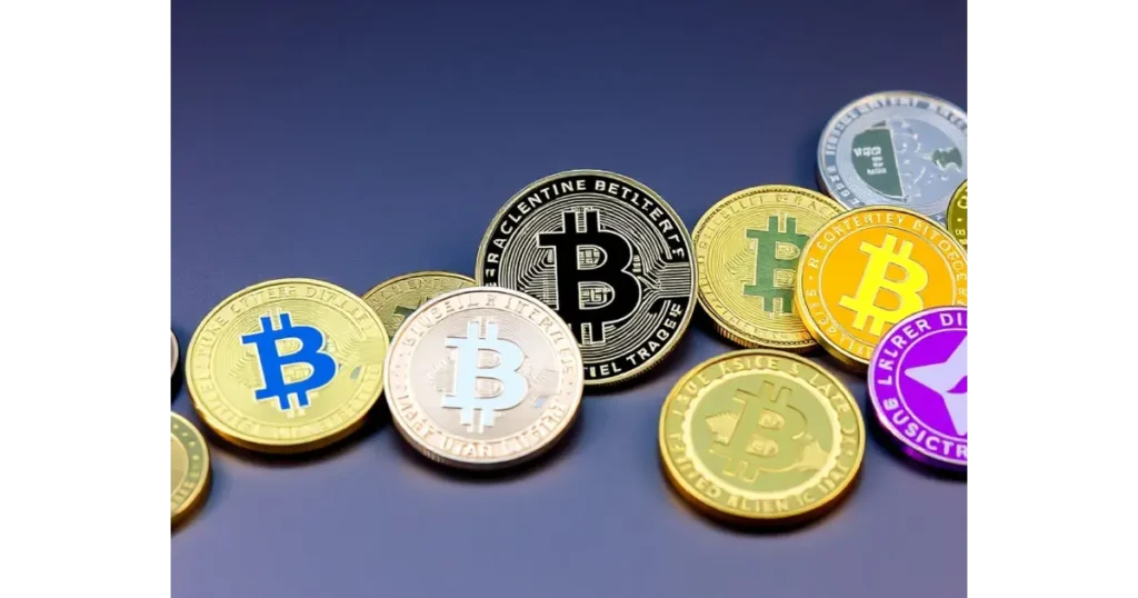 Photograph of assorted cryptocurrency coins on modern background.