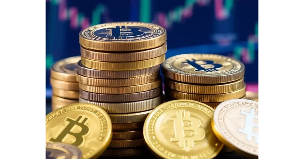 Photograph of stacked crypto coins on a digital background.